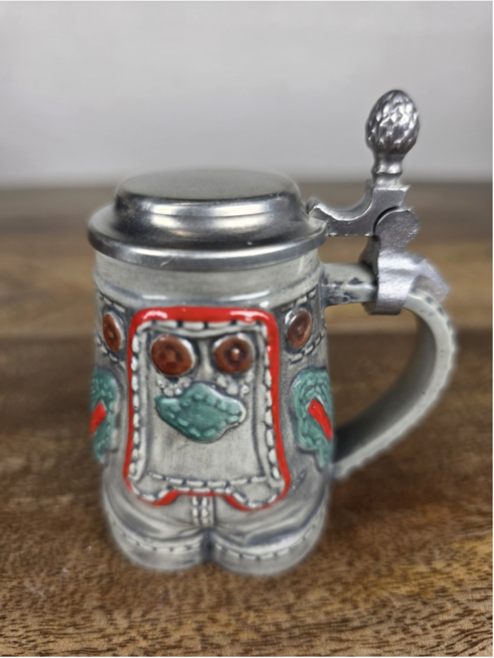 Vintage Gerz Mini 3" Beer Stein Lederhosen German Lidded Ceramic Mug Germany